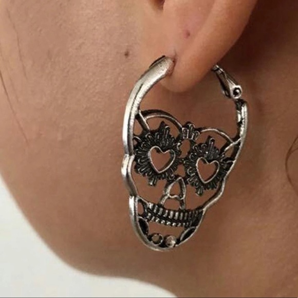 Silver Punk Rock Skull Earrings - Picture 2 of 6